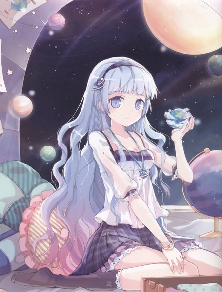 Anime picture 1148x1514 with original jin young-in long hair tall image blue eyes smile silver hair night girl skirt socks pillow star (symbol) black socks star (stars) headband jewelry planet earth