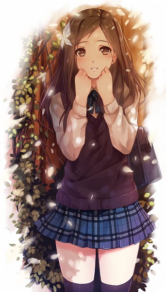 Anime picture 1000x1753 with original caidychen single long hair tall image blush brown hair brown eyes zettai ryouiki girl thighhighs skirt uniform hair ornament flower (flowers) black thighhighs school uniform petals insect butterfly