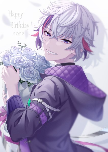 Anime picture 990x1400 with virtual youtuber nijisanji fuwa minato ca yu single tall image looking at viewer fringe short hair smile hair between eyes purple eyes silver hair upper body multicolored hair shadow streaked hair grin happy birthday 2022