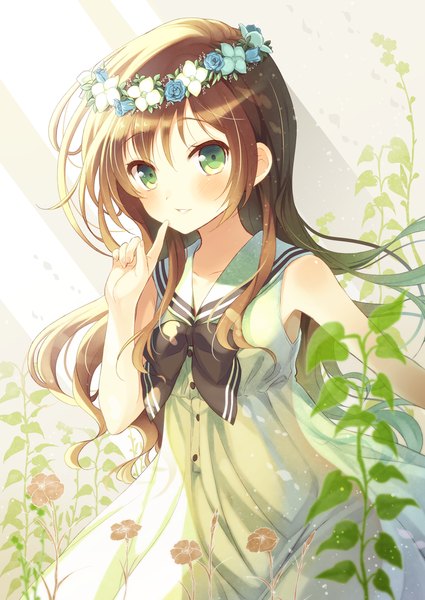 Anime picture 708x1000 with original komi zumiko single long hair tall image looking at viewer blush brown hair green eyes girl dress flower (flowers) plant (plants) wreath