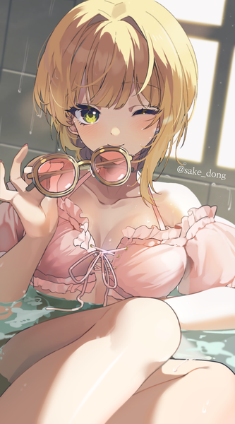 Anime picture 900x1620 with idolmaster idolmaster cinderella girls miyamoto frederica sake dong single tall image looking at viewer short hair light erotic blonde hair green eyes signed one eye closed wink twitter username partially submerged sunglasses removed girl crop top sunglasses