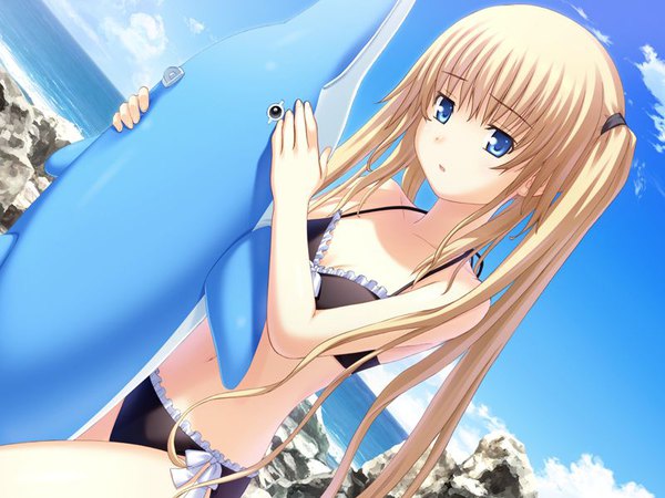 Anime picture 800x600 with sakaagari hurricane ayase natsuki nekonyan single long hair looking at viewer fringe blue eyes light erotic blonde hair standing bare shoulders holding payot game cg sky cloud (clouds) outdoors head tilt bare belly