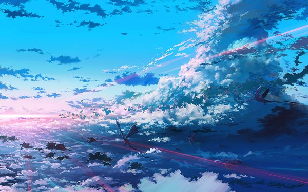 Anime picture 1920x1200 with original 108 highres wide image sky cloud (clouds) sunlight wallpaper flying no people fantasy scenic animal dragon
