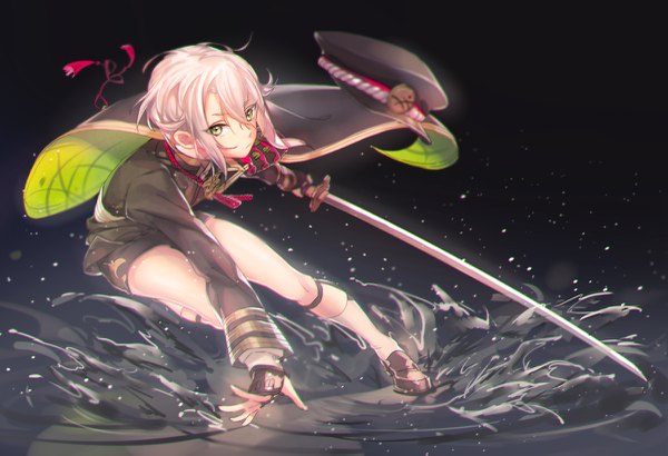 Anime picture 1200x821 with touken ranbu nitroplus hotarumaru okidokei single looking at viewer fringe short hair blonde hair hair between eyes holding green eyes bent knee (knees) leaning leaning forward boy gloves weapon sword black gloves