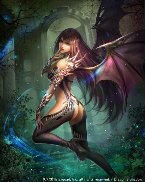 Anime picture 700x875 with dragon's shadow tiarla eudia (serenity2200) single long hair tall image looking at viewer fringe light erotic brown hair brown eyes outdoors profile looking back lips realistic night sparkle high heels hand on hip