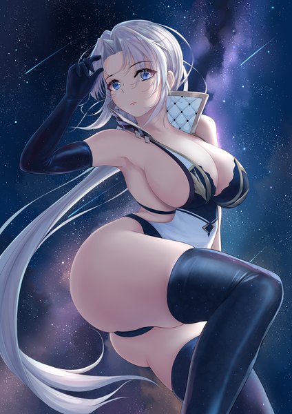 Anime picture 2480x3507 with azur lane kronshtadt (azur lane) user mnwn3283 single long hair tall image looking at viewer fringe highres breasts blue eyes light erotic large breasts payot cleavage silver hair bent knee (knees) outdoors ass arm up