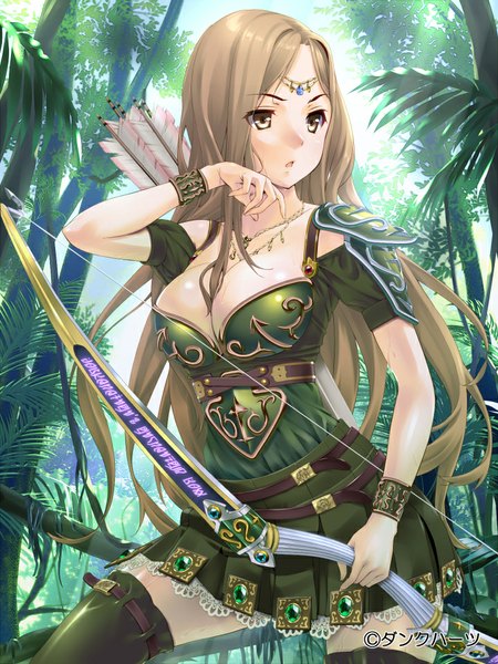 Anime picture 720x960 with original uz3d single long hair tall image open mouth brown hair brown eyes girl skirt weapon plant (plants) tree (trees) armor bow (weapon)