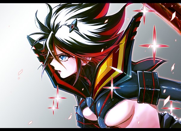 Anime picture 1200x869 with kill la kill studio trigger matoi ryuuko pagaraga single short hair breasts open mouth blue eyes light erotic black hair simple background looking away multicolored hair grey background two-tone hair sparkle streaked hair sideboob underboob
