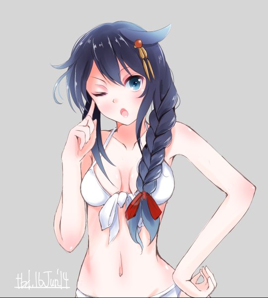 Anime picture 2705x3000 with kantai collection shigure destroyer tebi (tbd11) single long hair tall image looking at viewer blush highres breasts open mouth blue eyes light erotic black hair simple background signed braid (braids) one eye closed wink grey background