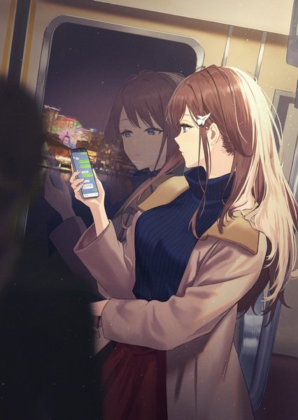 Anime picture 908x1280 with original haru (hiyori-kohal) single long hair tall image fringe blue eyes brown hair standing holding long sleeves profile night open clothes city reflection cityscape city lights train interior girl