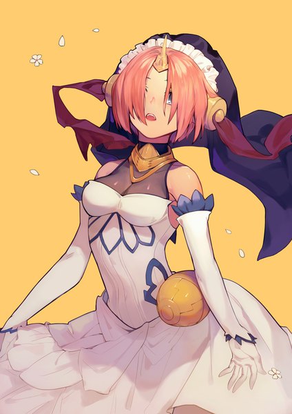 Anime picture 744x1052 with fate (series) fate/apocrypha frankenstein's monster (fate) air (air end) single tall image short hair open mouth blue eyes simple background bare shoulders pink hair horn (horns) yellow background hair over eyes girl gloves petals elbow gloves white gloves