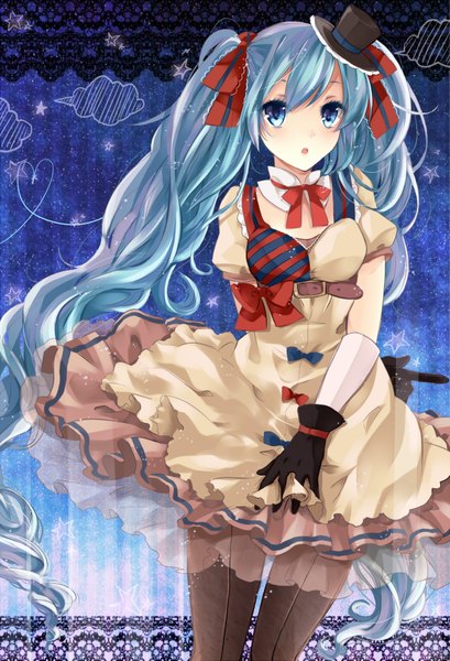 Anime picture 1200x1759 with vocaloid hatsune miku ennui heiwa miku puracotte single tall image looking at viewer open mouth blue eyes twintails very long hair aqua hair girl dress gloves bow hair bow hat