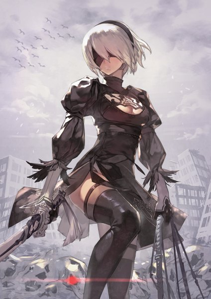 Anime picture 1771x2508 with nier nier:automata yorha no. 2 type b katahira (hiyama) single tall image fringe highres short hair breasts light erotic standing holding sky cleavage silver hair cloud (clouds) bent knee (knees) outdoors mole