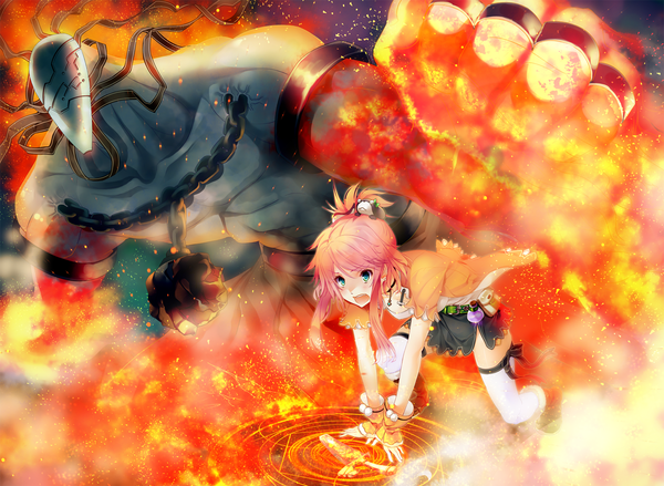 Anime picture 1600x1171 with original pixiv fantasia matsukawa (pale scarlet) open mouth green eyes pink hair magic girl thighhighs skirt ribbon (ribbons) miniskirt white thighhighs armor chain fire magic circle