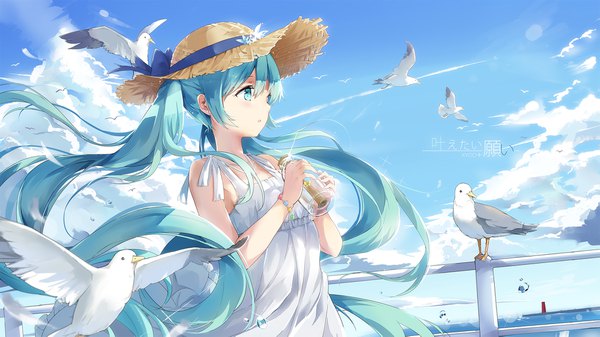 イラスト 2039x1147 と ボーカロイド 初音ミク あさひクロイ ソロ 赤面 前髪 highres 開いた口 青い目 hair between eyes wide image ツインテール 肩出し signed 青い髪 looking away 空 cloud (clouds) upper body very long hair