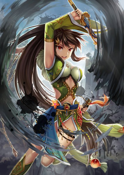 Anime picture 2480x3508 with original ling si single long hair tall image highres breasts open mouth light erotic smile red eyes brown hair large breasts holding looking away bent knee (knees) ponytail braid (braids) arm up wide sleeves