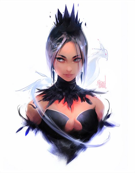 Anime picture 700x896 with original rossdraws (ross tran) single tall image short hair breasts simple background white background bare shoulders signed looking away cleavage silver hair upper body light smile realistic grey eyes portrait animal on shoulder bird on shoulder