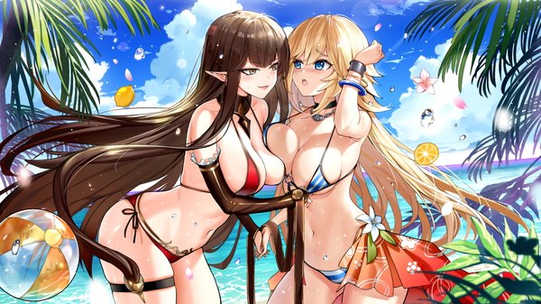 Anime picture 3840x2160 with fate (series) fate/apocrypha jeanne d'arc (fate) (all) jeanne d'arc (fate) semiramis (fate) tameiki long hair blush fringe highres breasts open mouth blue eyes light erotic blonde hair smile hair between eyes brown hair wide image large breasts
