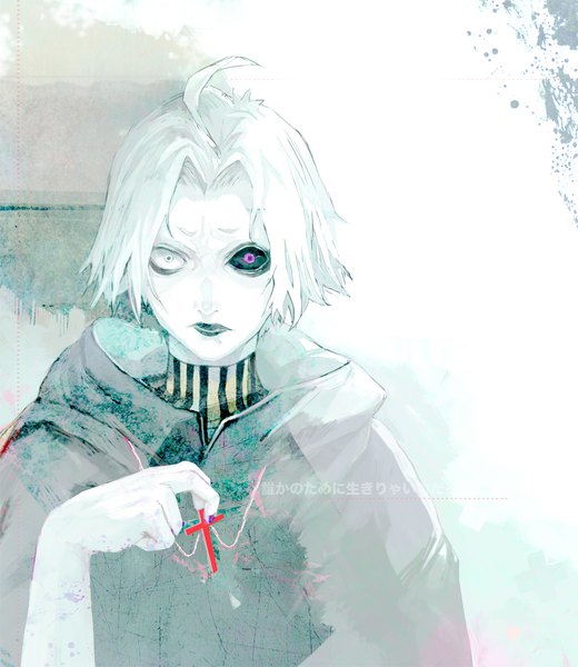 Anime picture 1000x1154 with tokyo ghoul studio pierrot takizawa seidou wyx2 single tall image looking at viewer short hair simple background purple eyes holding upper body ahoge white hair nail polish arm up lipstick heterochromia text hieroglyph