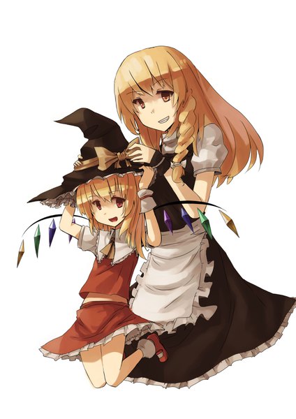 Anime picture 2480x3507 with touhou flandre scarlet kirisame marisa sh long hair tall image looking at viewer highres blonde hair simple background smile red eyes white background multiple girls yellow eyes braid (braids) short sleeves puffy sleeves grin side braid