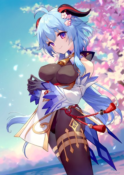 Anime picture 1200x1694 with genshin impact ganyu (genshin impact) ainy single long hair tall image looking at viewer breasts light erotic standing purple eyes blue hair ahoge hair flower horn (horns) cherry blossoms low ponytail fingers together girl gloves