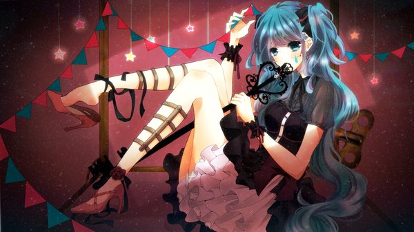 Anime picture 3733x2100 with vocaloid hatsune miku sona (artist) single long hair highres wide image twintails absurdres barefoot aqua eyes aqua hair girl dress