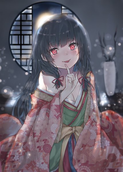 Anime picture 1829x2560 with kantai collection isokaze destroyer nanakagura single long hair tall image looking at viewer blush highres breasts light erotic black hair red eyes traditional clothes japanese clothes off shoulder night lens flare finger to mouth :p