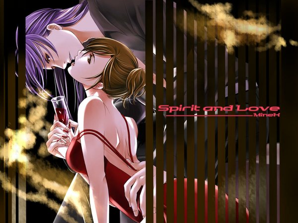 Anime picture 1000x750 with vocaloid meiko kamui gakupo tagme (artist) long hair looking at viewer short hair brown hair purple eyes bare shoulders brown eyes purple hair nail polish profile couple hug back holding hands striped almost kiss