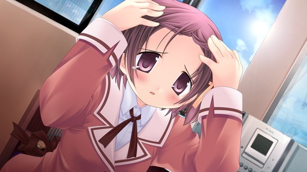 Anime picture 1024x576 with sanarara r nekoneko soft single blush short hair wide image purple eyes game cg purple hair girl uniform school uniform