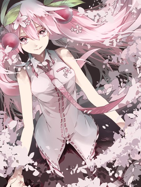 Anime picture 1063x1410 with vocaloid hatsune miku sakura miku saihate (d3) single long hair tall image looking at viewer fringe breasts smile twintails pink hair pink eyes hair flower sleeveless cherry blossoms girl skirt hair ornament