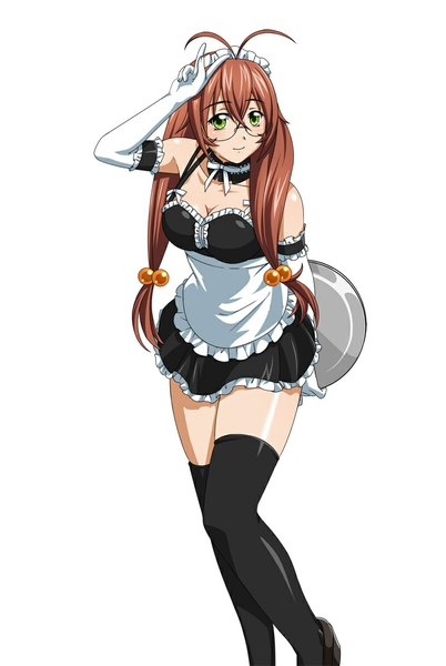 Anime picture 800x1193 with ikkitousen ryuubi gentoku single long hair tall image simple background brown hair white background green eyes maid girl thighhighs dress gloves uniform black thighhighs glasses elbow gloves white gloves headdress