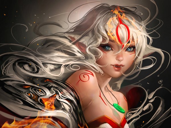 Anime picture 2000x1500 with okami amaterasu (okami) sakimichan single highres blue eyes bare shoulders animal ears looking away light smile lips realistic tattoo wolf ears face paint girl jewelry fire
