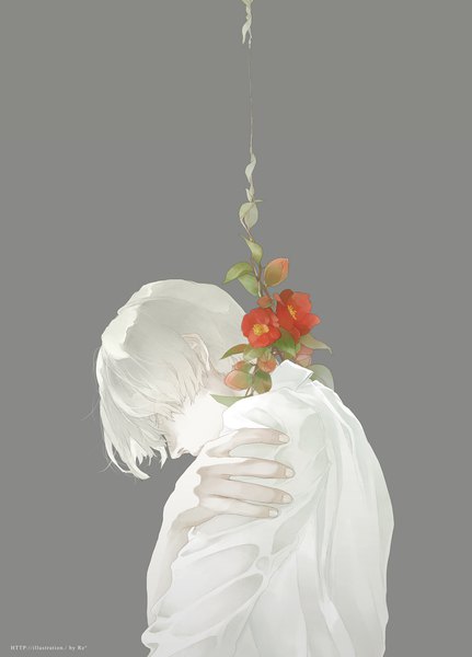 Anime picture 791x1102 with original re (artist) single tall image fringe short hair simple background signed upper body white hair eyes closed head tilt profile grey background pale skin boy flower (flowers) shirt white shirt camellia (flower)