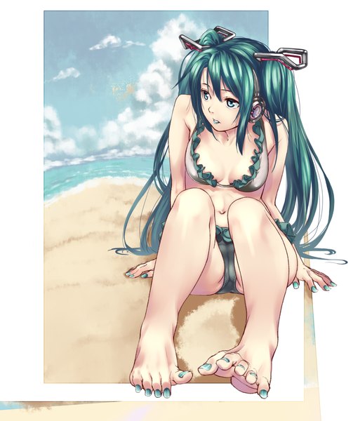 Anime picture 1030x1228 with vocaloid hatsune miku azuma ren (artist) single long hair tall image light erotic twintails nail polish aqua eyes aqua hair legs beach cameltoe girl swimsuit bikini