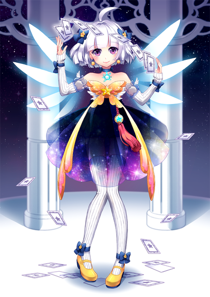 Anime picture 740x1046 with original saban single tall image looking at viewer short hair purple eyes ahoge white hair light smile girl thighhighs dress bow hair bow detached sleeves wings striped thighhighs card (cards)