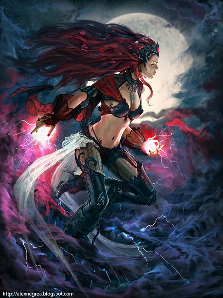 Anime picture 750x1000 with legend of the cryptids alexnegrea single long hair tall image light erotic red eyes cloud (clouds) red hair flying lightning power girl navel ribbon (ribbons) earrings pantyhose moon collar necklace