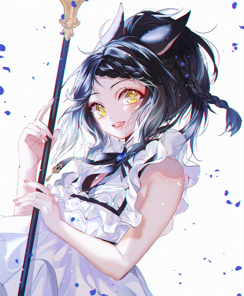 Anime picture 1000x1214 with final fantasy final fantasy xiv square enix miqo'te kimpeul single tall image looking at viewer blush fringe short hair open mouth black hair simple background smile white background bare shoulders holding animal ears yellow eyes