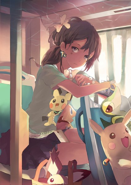 Anime picture 800x1131 with pokemon nintendo tagme (character) pikachu snivy pichu ooi choon liang tall image looking at viewer blush short hair open mouth blue eyes brown hair sitting bare shoulders looking away hair flower sunlight silver eyes
