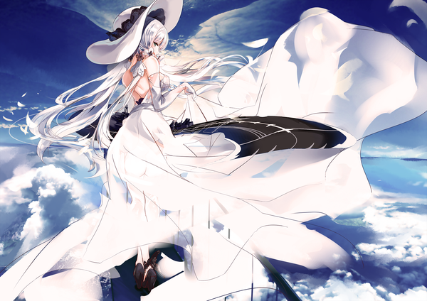 Anime picture 1800x1272 with azur lane illustrious (azur lane) eien no juu nana-sa single long hair looking at viewer blush fringe highres breasts blue eyes hair between eyes large breasts bare shoulders sky silver hair cloud (clouds) wind high heels reflection