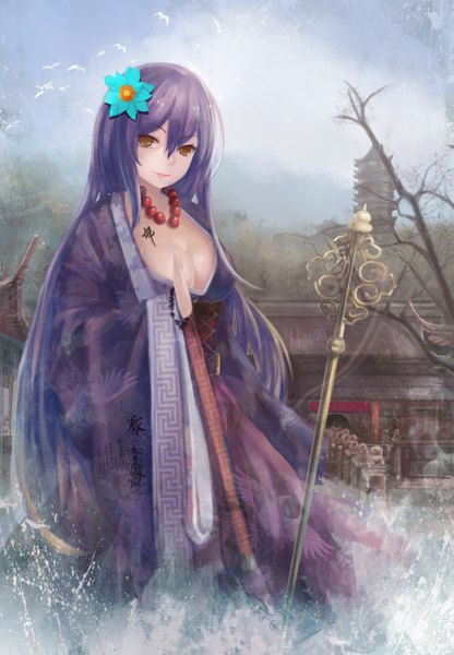 Anime picture 1839x2650 with touhou hijiri byakuren magician (china) single long hair tall image looking at viewer fringe highres breasts light erotic large breasts standing yellow eyes sky cleavage purple hair outdoors traditional clothes japanese clothes