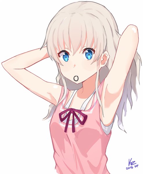 Anime picture 823x1000 with charlotte p.a. works tomori nao kenkaizar single long hair tall image looking at viewer fringe blue eyes simple background white background holding signed upper body white hair armpit (armpits) sleeveless mouth hold adjusting hair