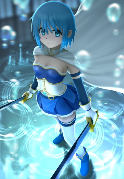 Anime picture 900x1300 with mahou shoujo madoka magica shaft (studio) miki sayaka siraha single tall image looking at viewer short hair blue eyes blue hair girl thighhighs skirt weapon white thighhighs sword boots cape bubble (bubbles)