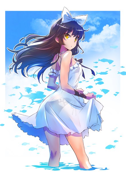 Anime picture 1833x2500 with rwby rooster teeth blake belladonna iesupa single long hair tall image looking at viewer highres light erotic black hair bare shoulders yellow eyes border transparent outline see-through silhouette girl dress bow