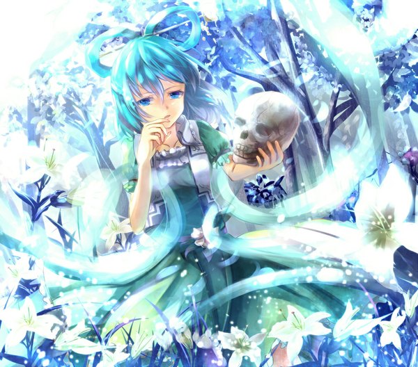 Anime picture 1000x880 with touhou kaku seiga sakura ani single short hair blue eyes blue hair girl dress hair ornament flower (flowers) plant (plants) tree (trees) skull shawl