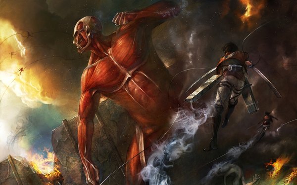 Anime picture 2000x1250 with shingeki no kyojin production i.g eren yaeger bertolt hoover colossal titan taitsu (tights) highres short hair black hair wide image holding smoke dual wielding battle giant boy weapon sword jacket boots