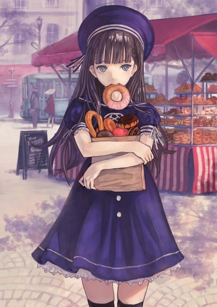 Anime picture 998x1417 with original kaoming single long hair tall image looking at viewer blue eyes black hair holding mouth hold city girl thighhighs dress black thighhighs food bag beret people cookie (cookies)