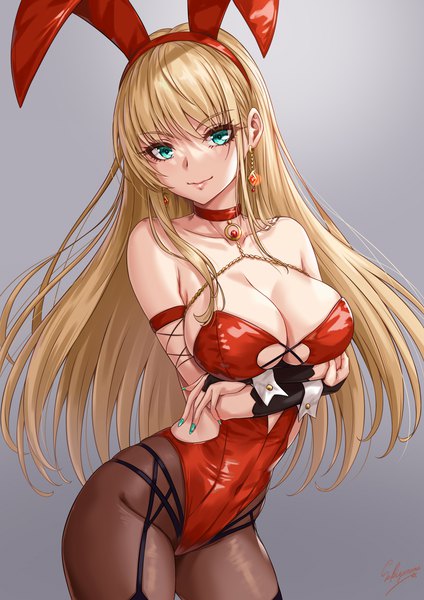 Anime picture 1500x2121 with original sakiyamama single long hair tall image looking at viewer fringe breasts light erotic simple background blonde hair smile hair between eyes large breasts standing signed animal ears payot cleavage nail polish