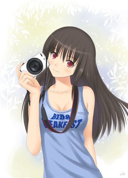 Anime picture 2125x2952 with original xiao lian single long hair tall image looking at viewer blush highres black hair red eyes bare shoulders girl camera