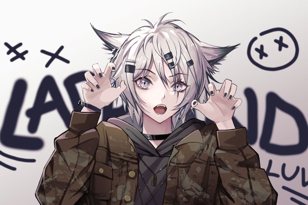 Anime picture 1800x1200 with arknights lappland (arknights) zhuang yao single looking at viewer fringe highres short hair open mouth simple background hair between eyes animal ears silver hair upper body long sleeves nail polish arms up open jacket teeth character names