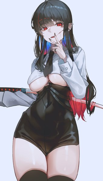 Anime picture 3401x6000 with original domi (hyaku8795) single long hair tall image looking at viewer fringe highres breasts open mouth light erotic black hair simple background red eyes large breasts absurdres nail polish multicolored hair fingernails pointy ears